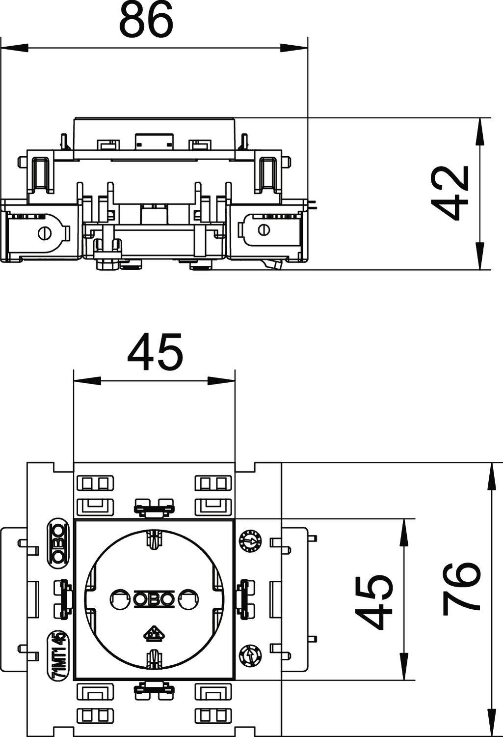 Technische Zeichnung einer elektrischen Steckdose. Oben Maße 86 x 42 mm, unten 45 x 76 mm. Zeigt Front- und Seitenansicht.
