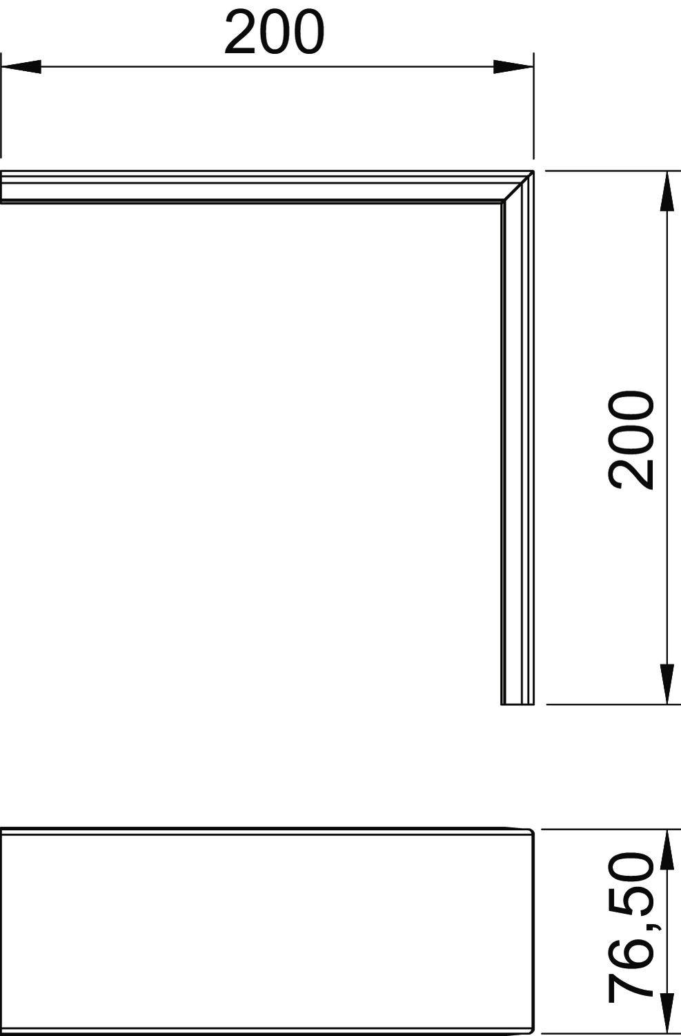 Technische Zeichnung eines quadratischen Rahmens mit den Maßen 200 x 200 mm und einer Tiefe von 76,5 mm.