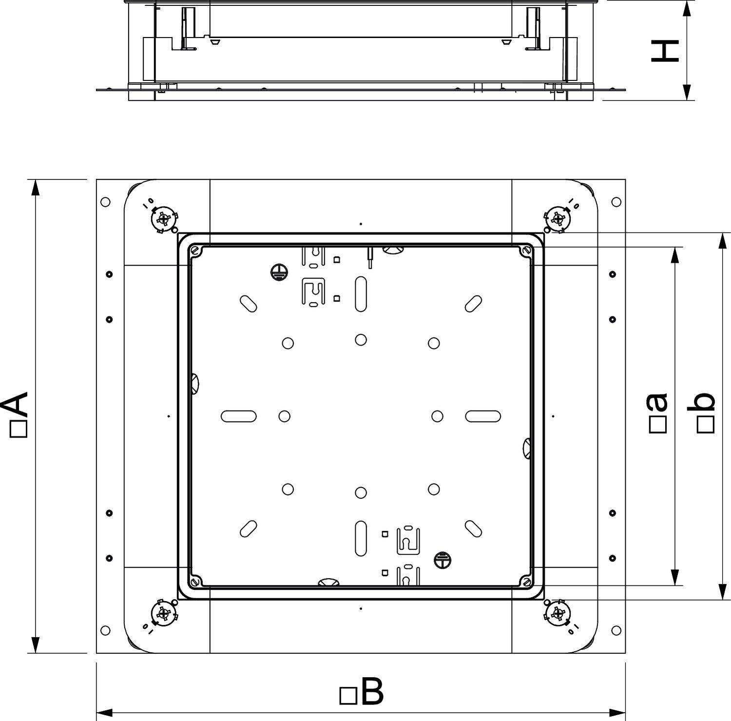 Technische Zeichnung eines Montagegehäuses. Zeigt Vorderansicht und Seitenansicht mit Abmessungen A, B, H, a, b in Millimetern.