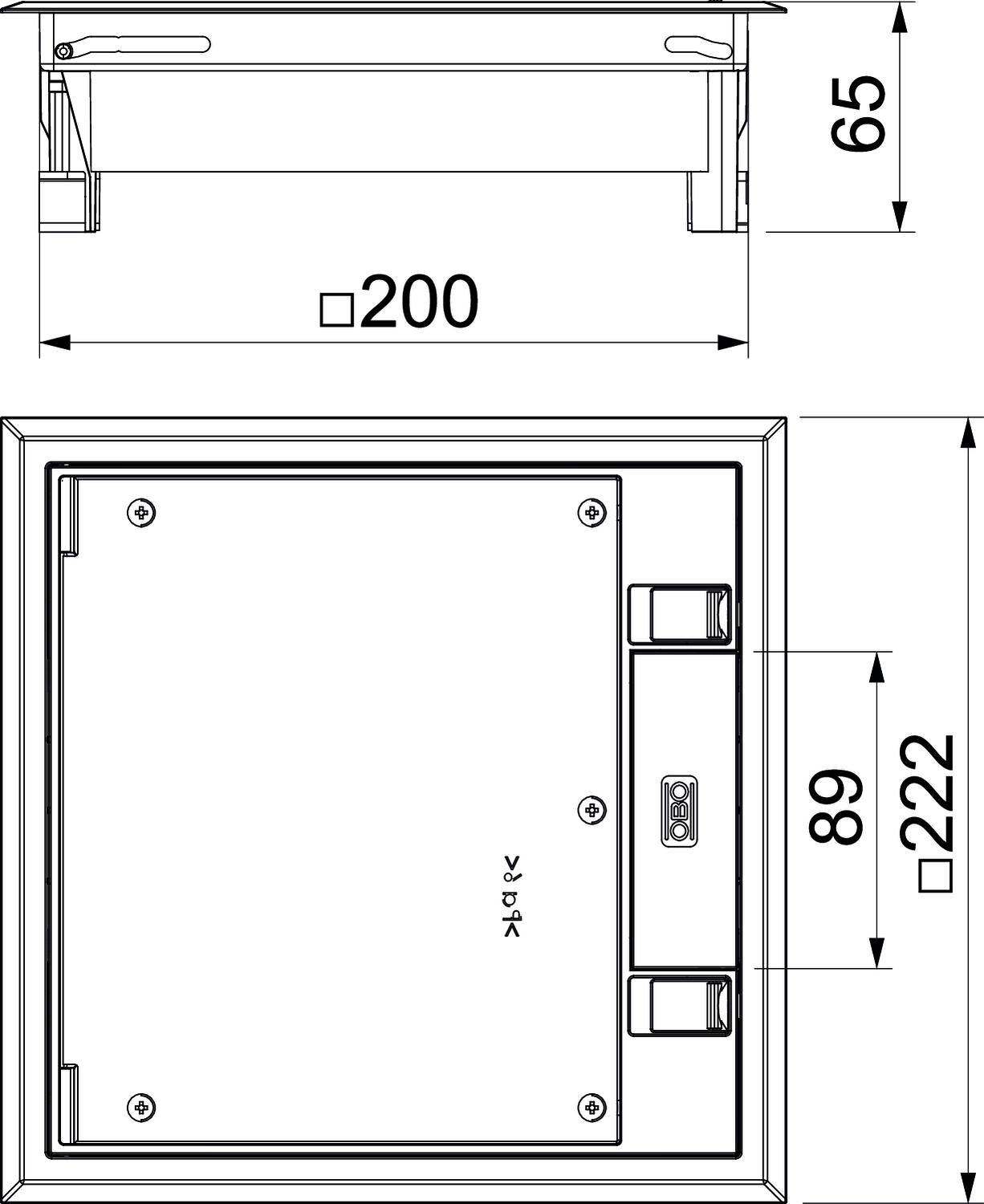Technische Zeichnung eines quadratischen Einbaurahmens. Maße: 200x200 mm, Höhe 65 mm. Seitenansicht zeigt Schnitt und Abmessungen.
