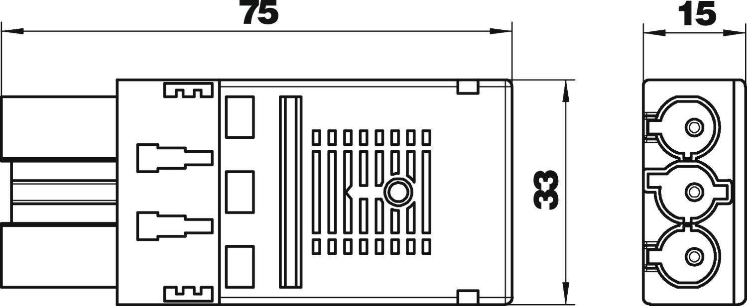 Technische Zeichnung eines elektrischen Steckverbinders mit Maßen: 75 mm Länge, 33 mm Breite, 15 mm Höhe. Zeigt Drahtanschlüsse.