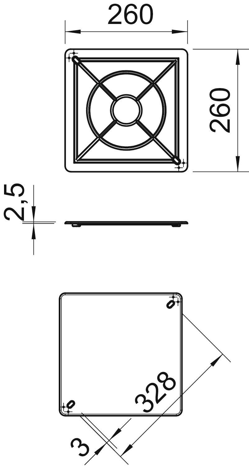'Technische Zeichnung eines quadratischen Gitters mit den Maßen 260 x 260 mm und 2,5 mm Dicke. Zweite Ansicht zeigt die Rückseite, gekippt um 3° und mit einer diagonalen Länge von 328 mm.'