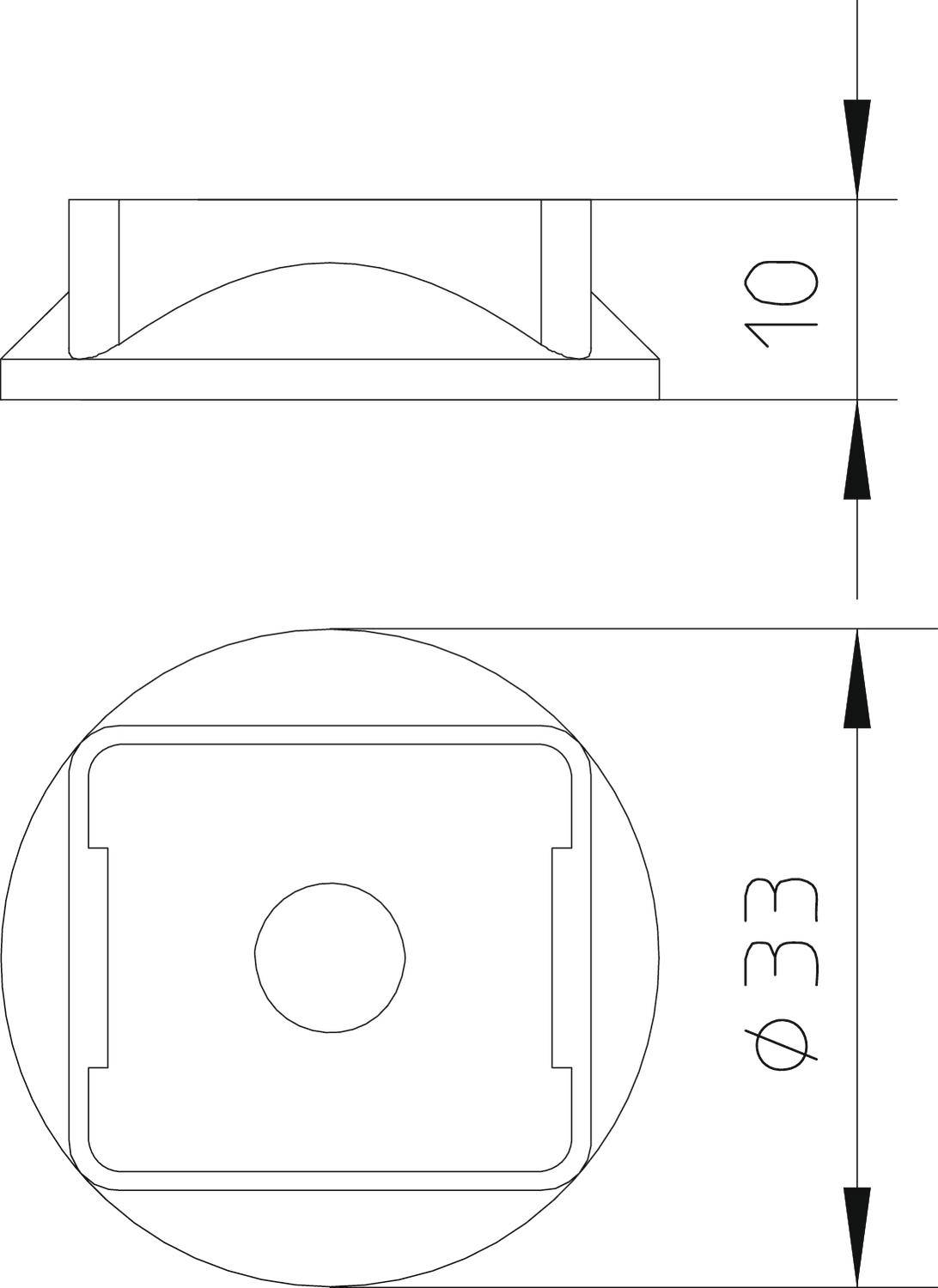 Technische Zeichnung eines Bauteils mit zylindrischem Durchmesser von 33 mm und einer Höhe von 10 mm, zeigt Seiten- und Draufsicht.