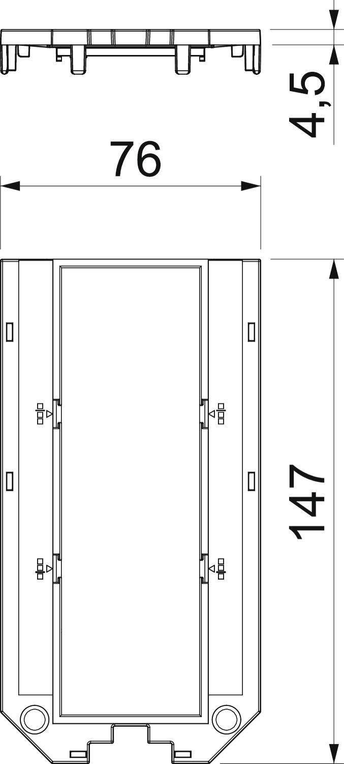 Technische Zeichnung eines rechteckigen Bauteils mit den Maßen 76 mm x 147 mm x 4,5 mm, mit Befestigungspunkten.