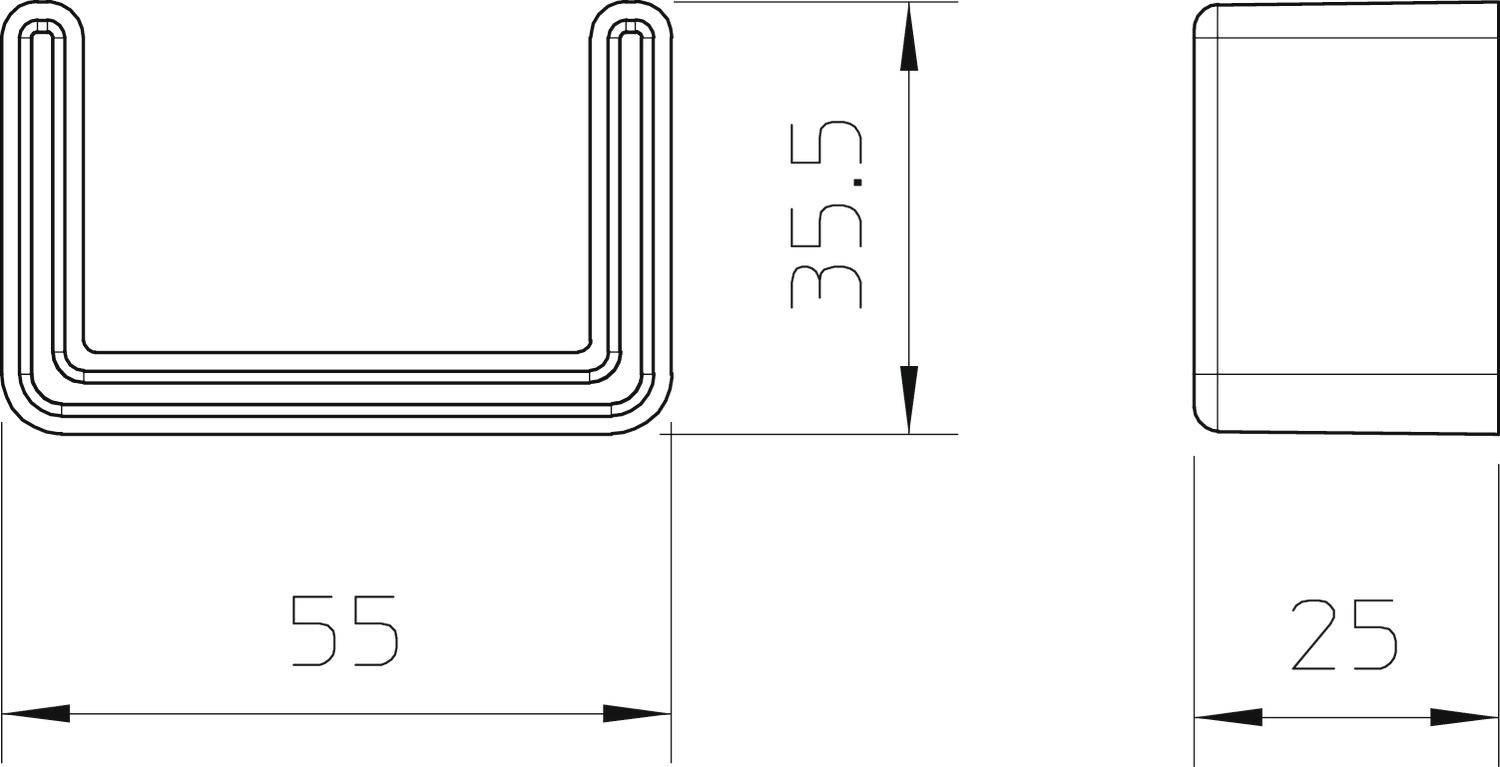 Technische Zeichnung eines Metallprofils in U-Form. Maße: Breite 55 mm, Höhe 35,5 mm, Seitenansichtstiefe 25 mm.