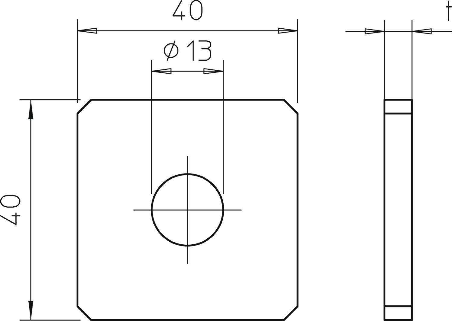 Technische Zeichnung eines quadratischen Teils mit einer zentralen Bohrung von 13 mm Durchmesser. Länge und Breite: 40 mm.