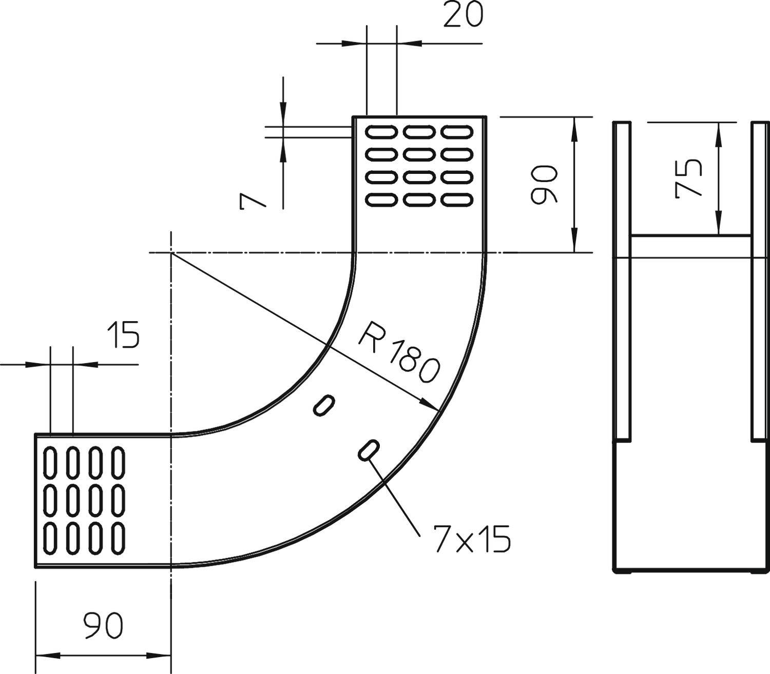 Technische Zeichnung eines gebogenen Metallteils. Hauptbogen mit Radius R180, mehrere Löcher und Abmessungen 90x75, 7x15 gekennzeichnet.