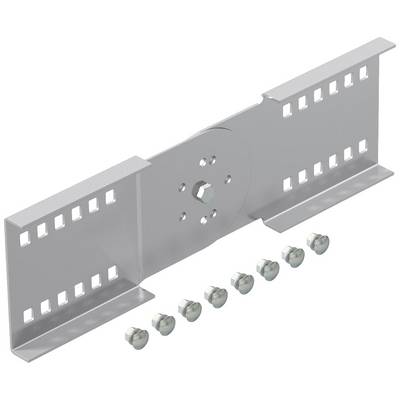 Metallhalterung mit zentrischem Loch und mehreren Montagelöchern, daneben sechs Schrauben zur Befestigung.