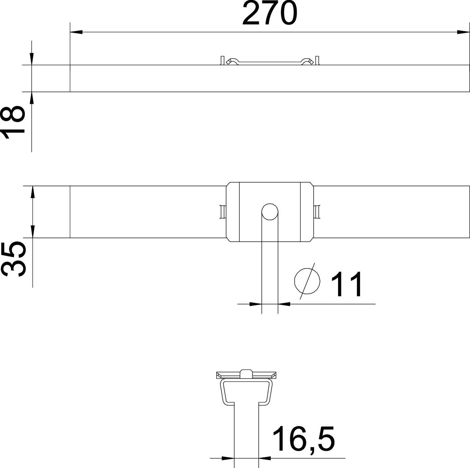 Technische Zeichnung einer Lichtleiste mit Maßen: Breite 270 mm, Höhe 35 mm. Befestigungspunkte und Durchmesser von 11 mm dargestellt.