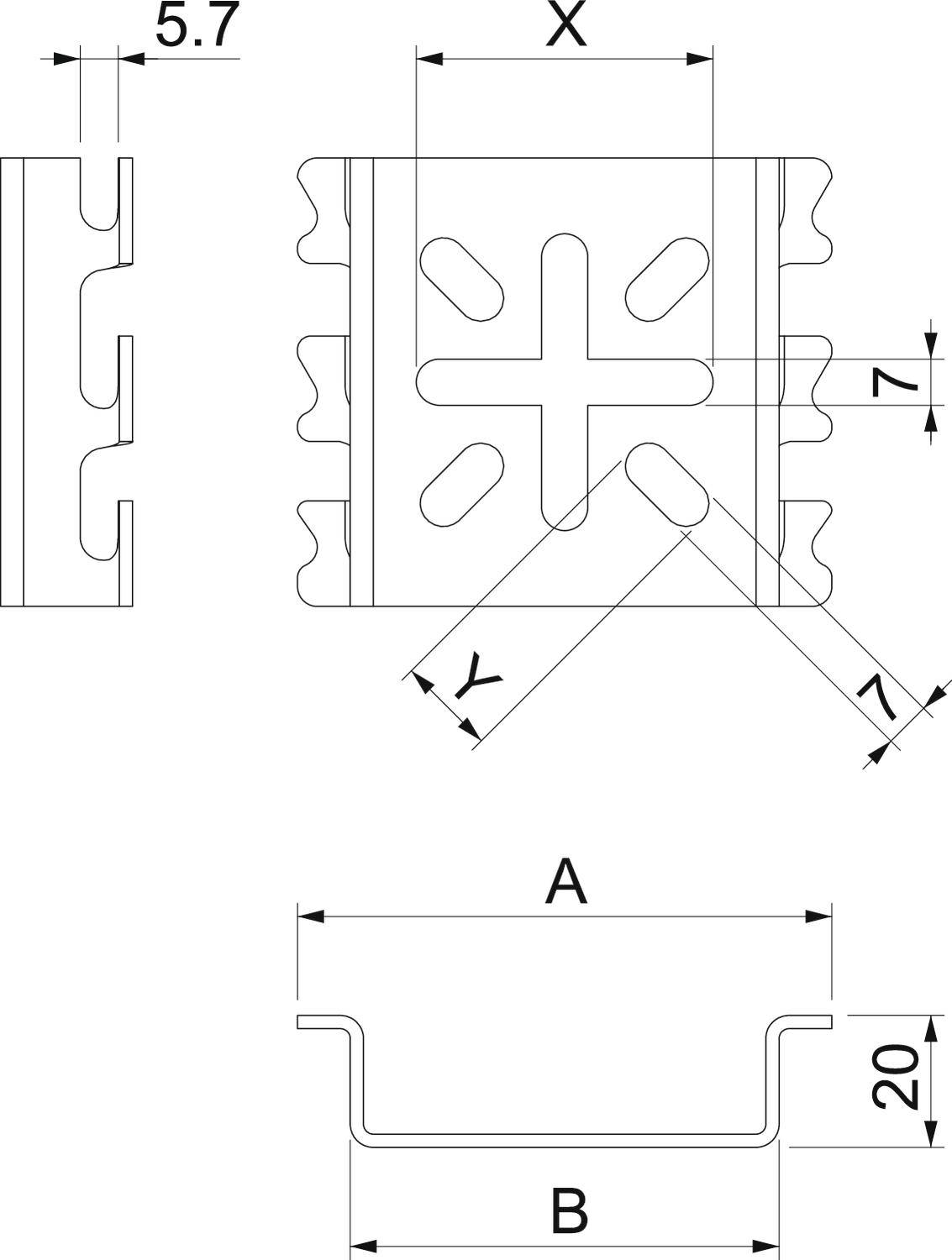 Technische Zeichnung eines strukturellen Profils mit Abmessungen: 5,7, X, Y, A und B. Zeigt detaillierte Querschnittsgestaltung.