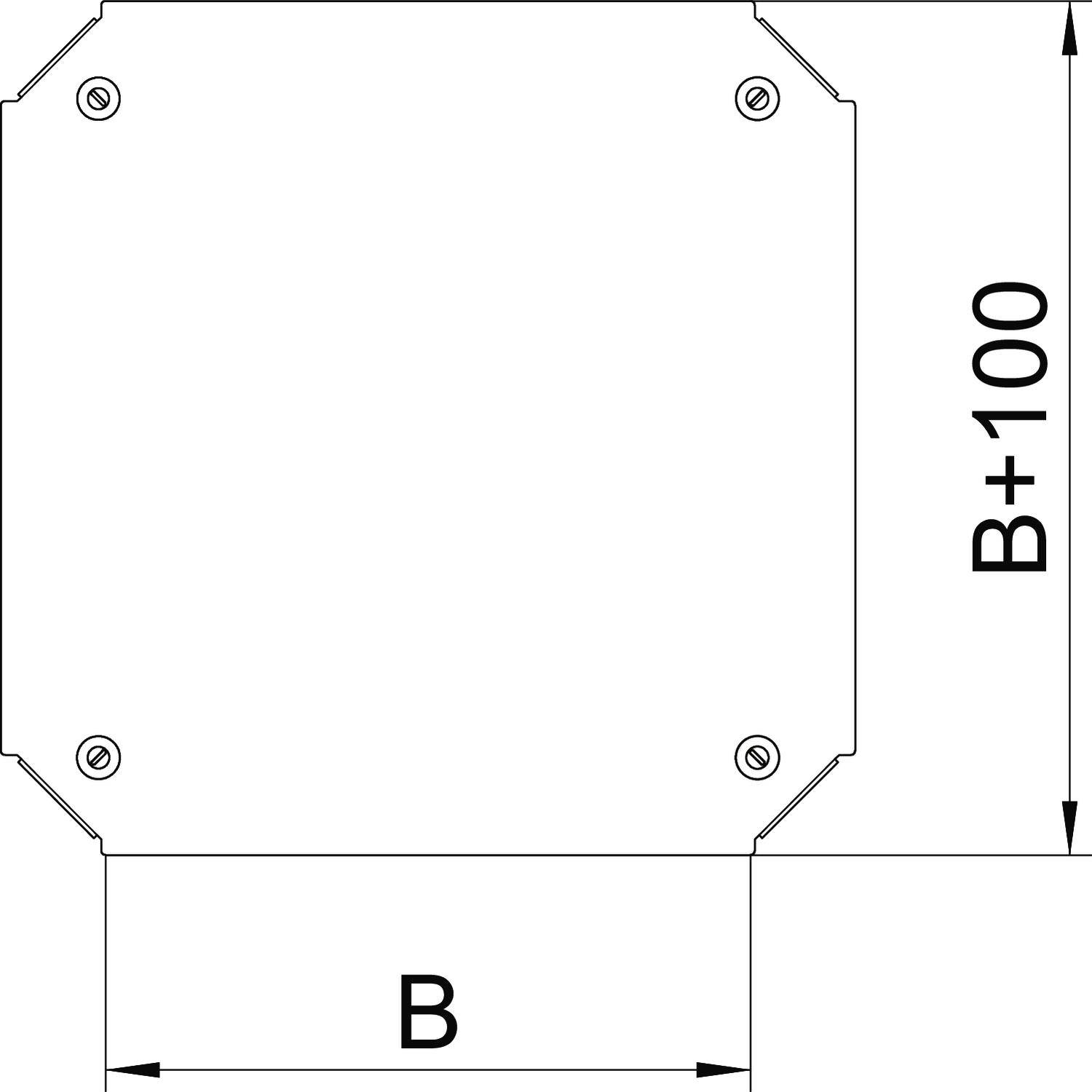 Technische Zeichnung eines quadratischen Objekts mit der Beschriftung 'B' an der Basis und 'B+100' an der Höhe.