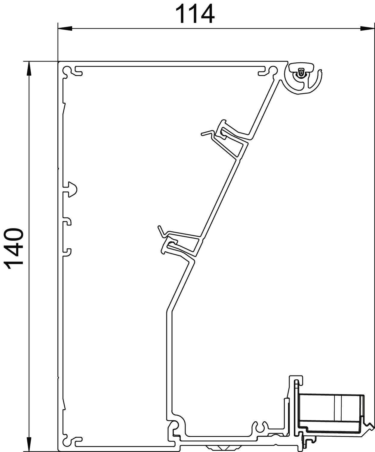 Querschnitt eines Aluminiumprofils mit den Maßen 114 mm x 140 mm, zeigt Verbindungs- und Befestigungspunkte. Kostenersparnis durch Montagevereinfachung.