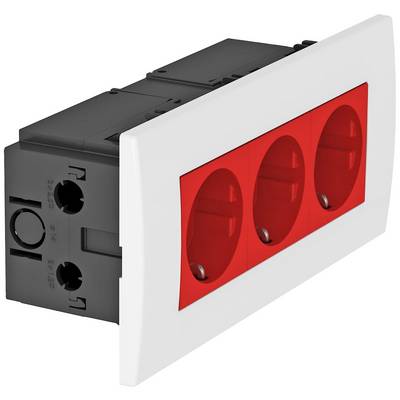 Ein elektrischer 3-fach Steckdosenblock mit rotem Einsatz, geeignet für den Einbau in Schalterprogramme und Elektrozubehör.