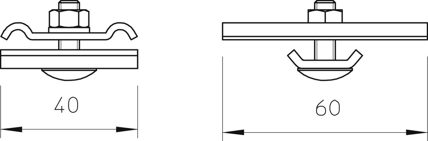 Technische Zeichnung zweier Befestigungsschellen. Links: Breite 40 mm, rechts: Breite 60 mm. Beide schematisch mit Muttern dargestellt.