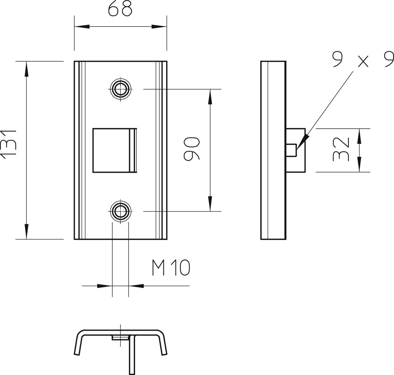 Technische Zeichnung eines Metallteils mit Bohrungen und Maßen. Es zeigt Vorderansicht und Seitenansicht. Maße: 131x68 mm, Dicke: 32 mm.