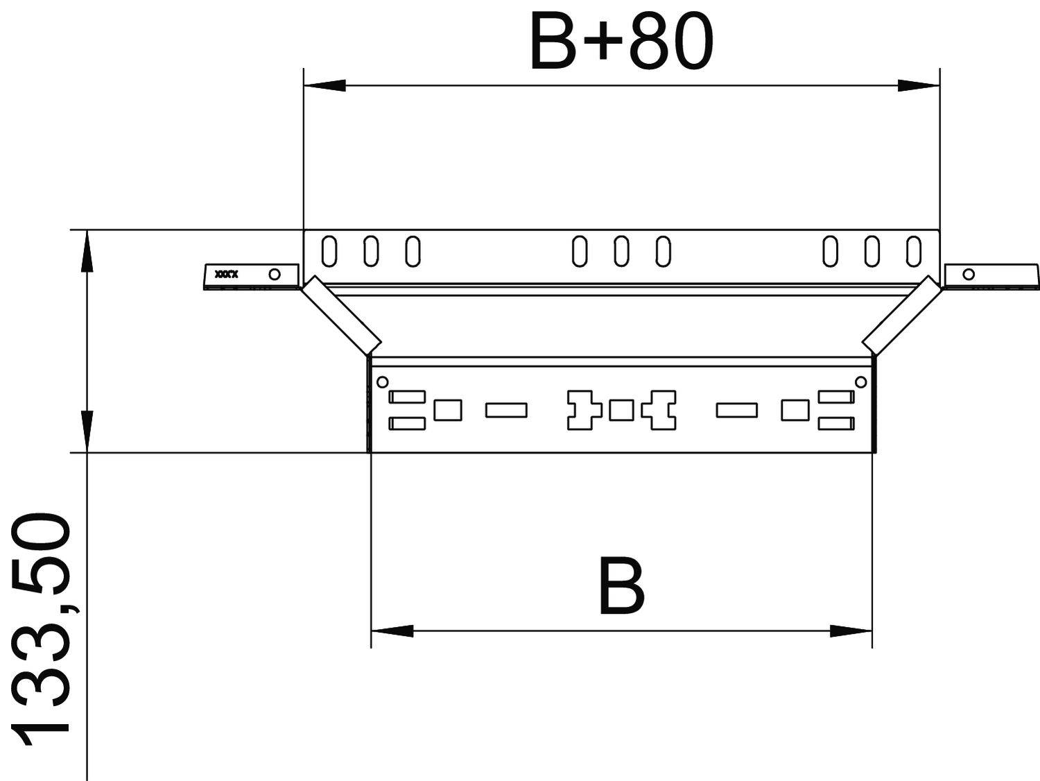 Technische Zeichnung eines Kabelträgers. Die Breite ist mit 'B' gekennzeichnet, erweitert sich auf 'B+80'. Höhe beträgt 133,50 mm.