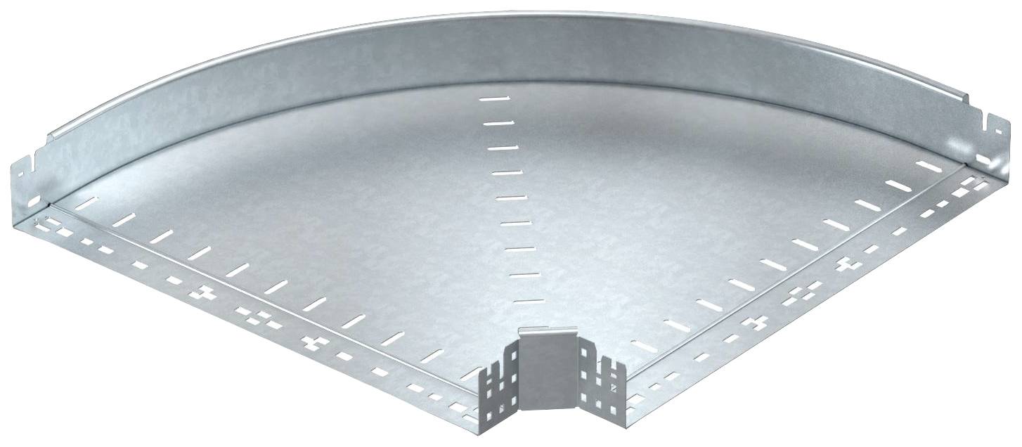 Metallisches Kabelrinnen-Bogenstück, verzinkt, etwa 90 Grad, zeigt geprägte Befestigungspunkte entlang der Kanten.
