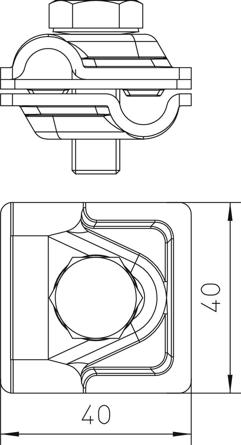'Technische Zeichnung einer Bauteilverbindung mit Schraube. Oben: Seitenansicht. Unten: Draufsicht. Abmessungen: 40x40.'
