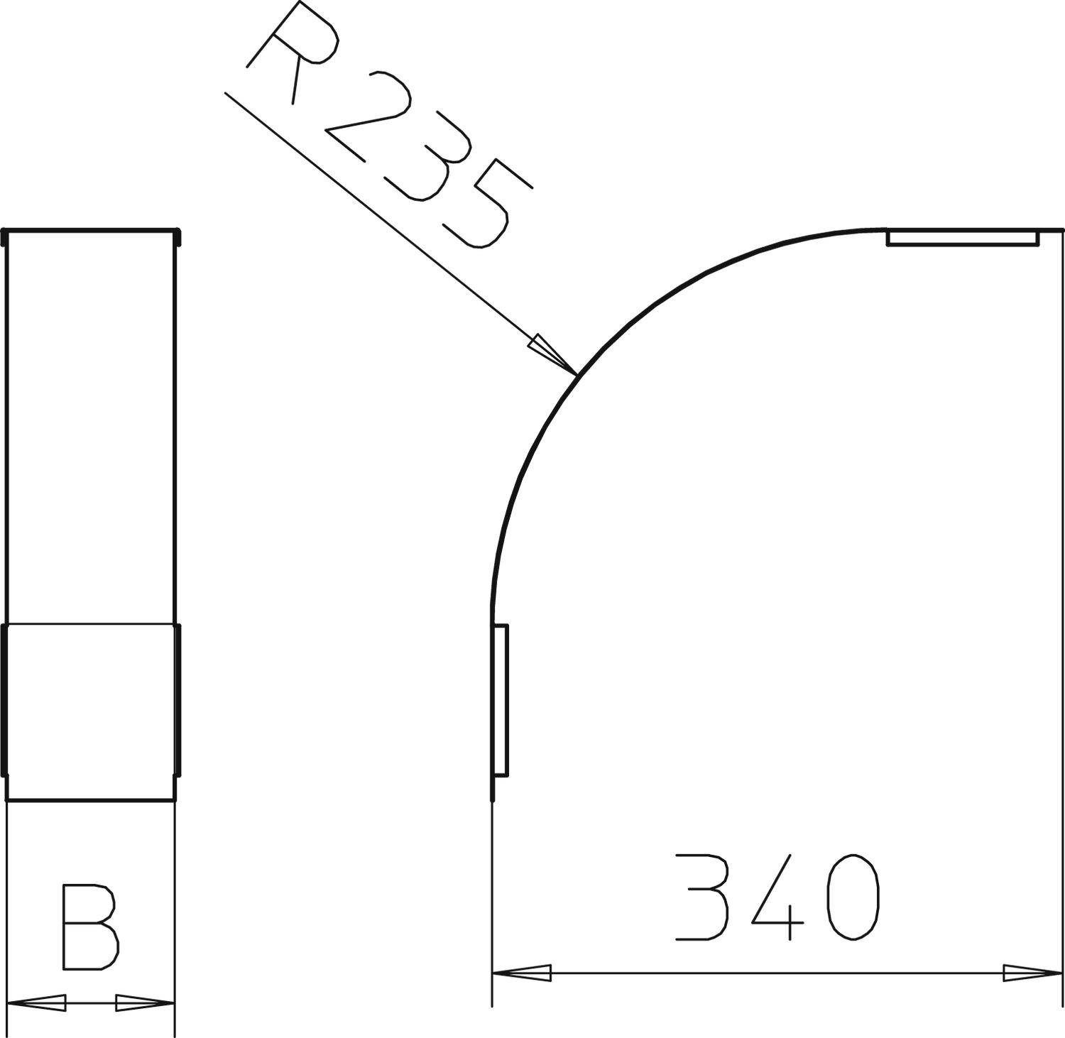 'Technische Zeichnung einer gebogenen Gitterkonstruktion. Die Zeichnung zeigt eine gebogene Linie mit einem Radius von 235, einer Breite B und einer Höhe von 340 Einheiten.'