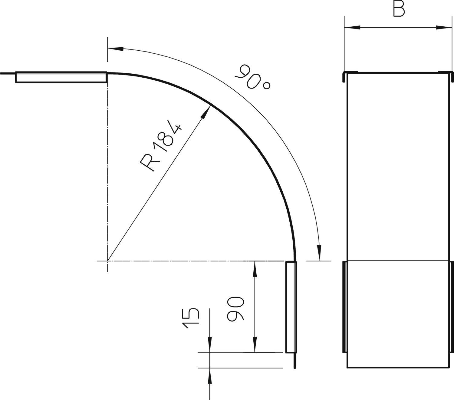 Technische Zeichnung eines gebogenen Rohrs. Radius 184, Biegung 90 Grad. Seitenansicht zeigt Länge 90, Höhe 15.