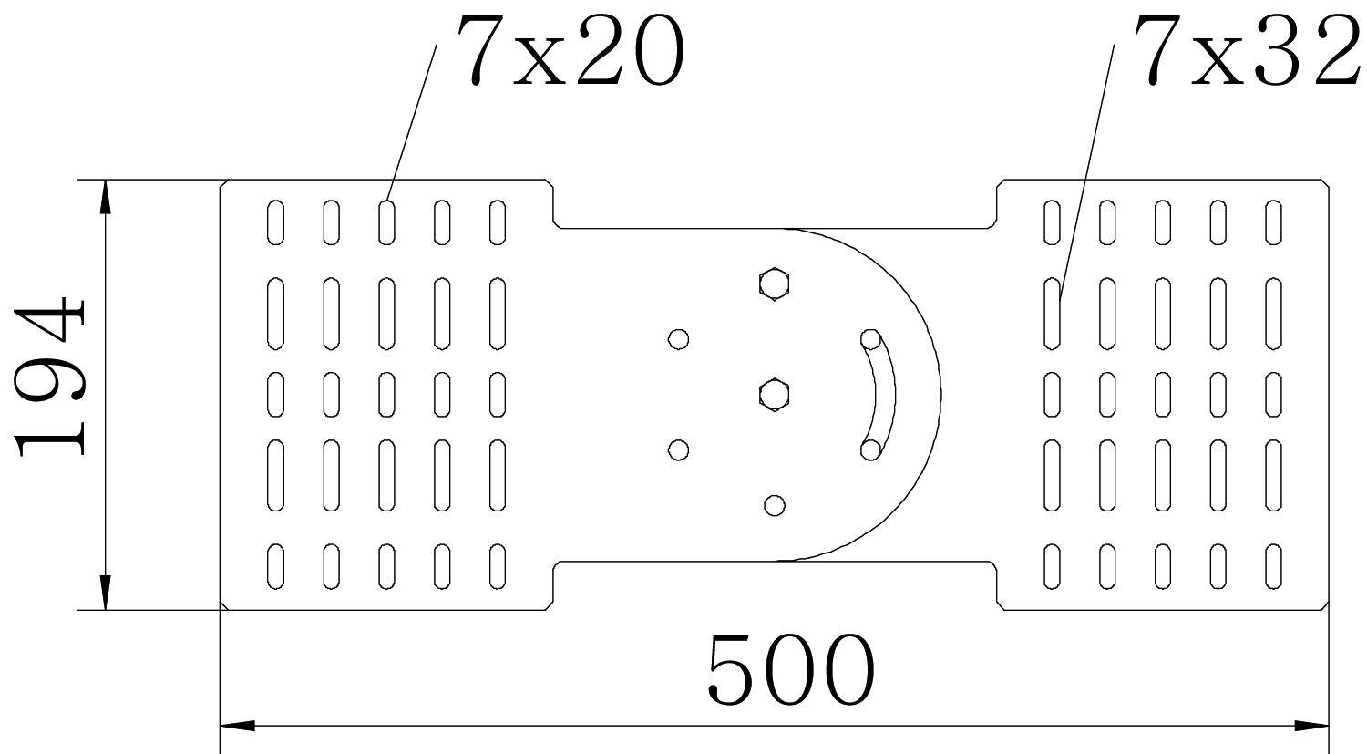 Technische Zeichnung eines Metallverbinders, Maße 194x500 mm, mit Bohrungen: 7x20 und 7x32 mm.