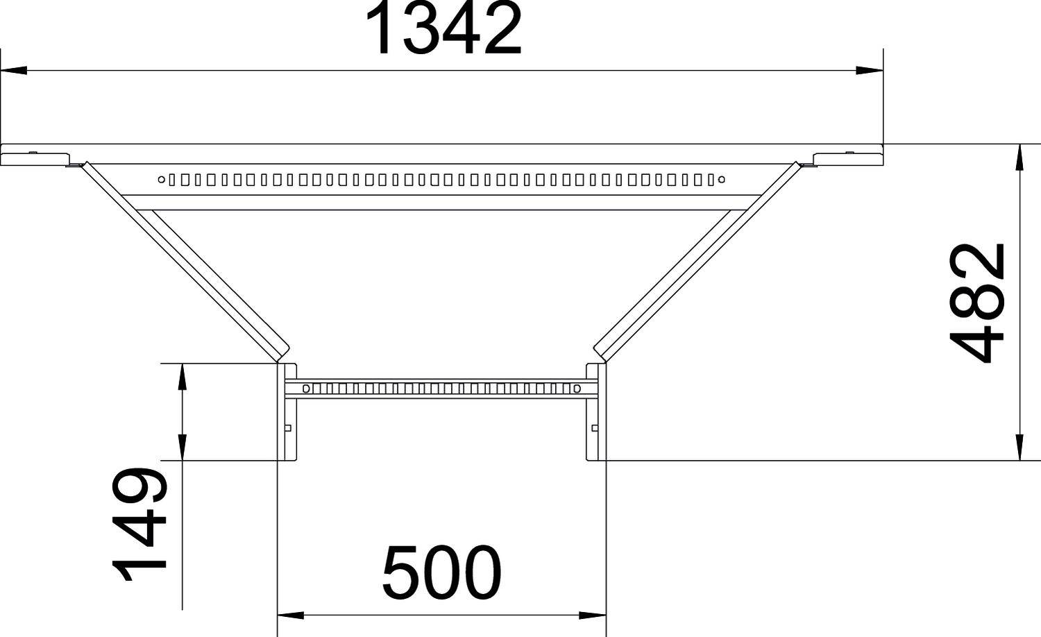 Technische Zeichnung eines trapezförmigen Objekts mit den Maßen: Breite 1342 mm, Höhe 482 mm, Zwischenraum 500 mm, Basis 149 mm.