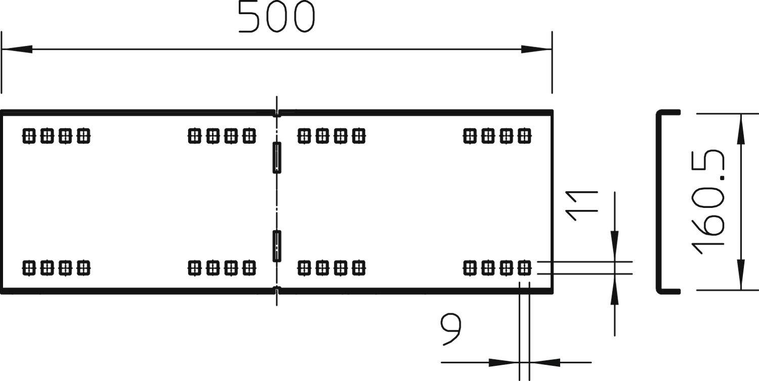 Technische Zeichnung eines rechteckigen Metallteils mit Maßen: Breite 500 mm, Höhe 160,5 mm. Löcher symmetrisch verteilt.