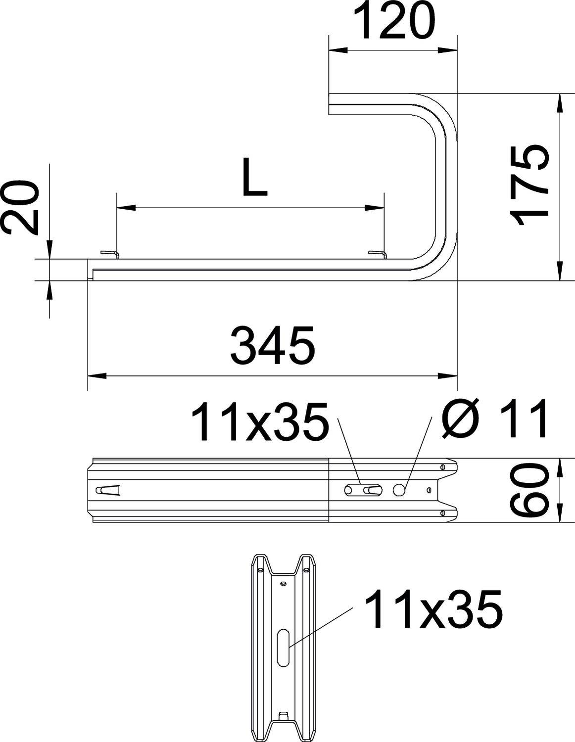 Technische Zeichnung eines Metallprofils in L-Form. Maße sind 120x175 mm für die Hauptprofile, mit weiteren Maßen wie 11x35 und Ø 11 mm.