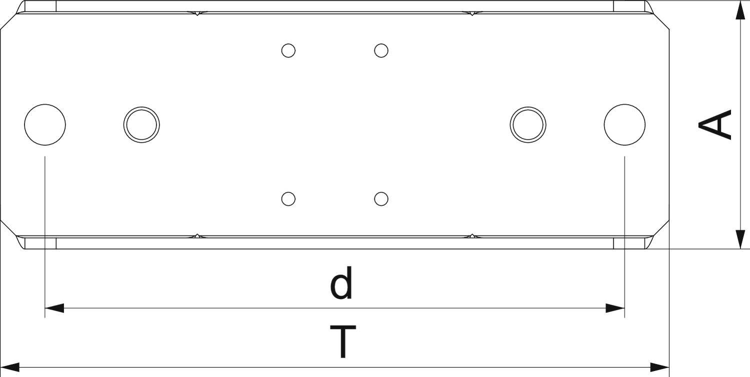 Technische Zeichnung einer rechteckigen Metallplatte mit Bohrungen. Maße 'A', 'd' und 'T' sind angegeben.