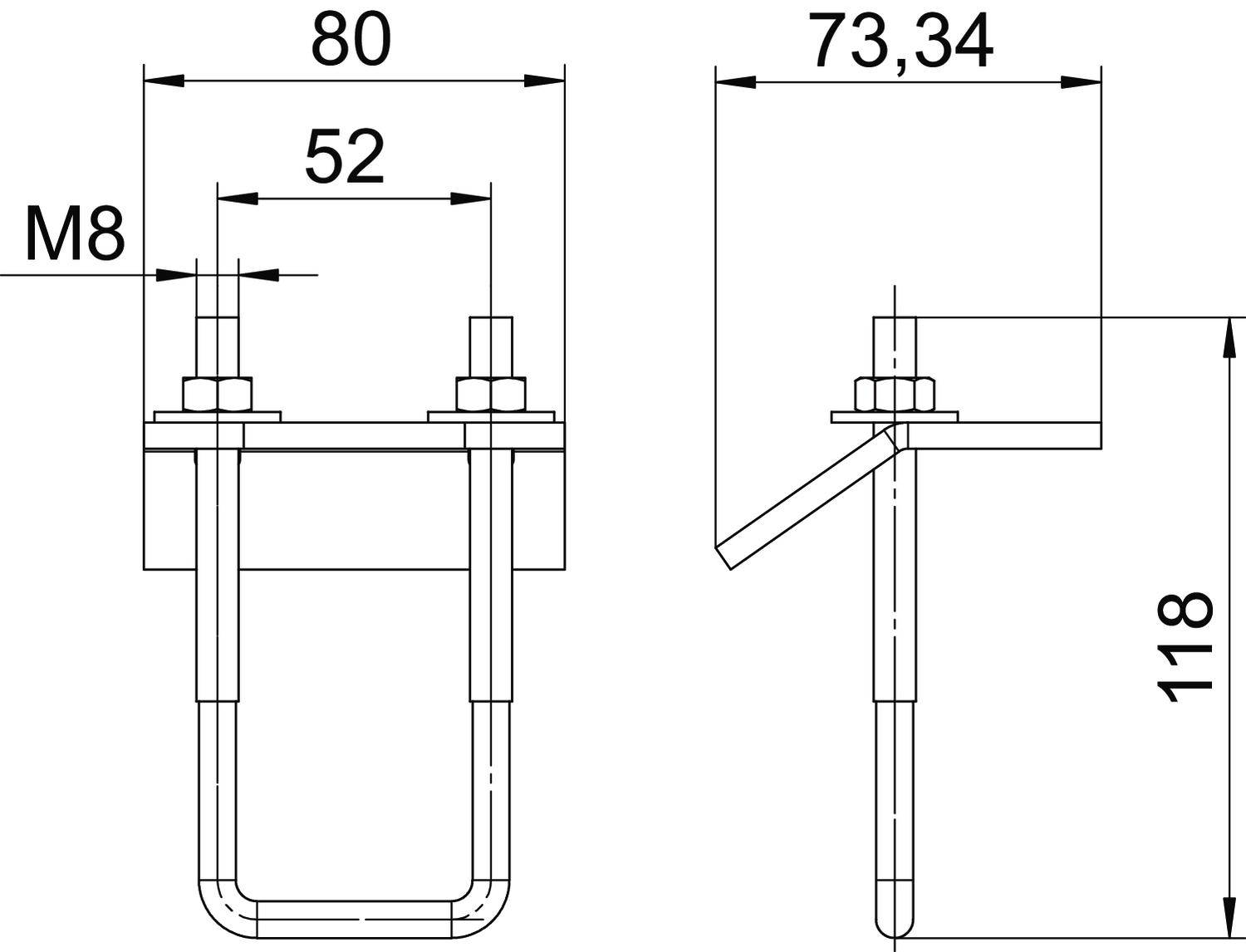 Technische Zeichnung einer Rohrschelle mit U-Bügel. Maße: Breite 80 mm, Tiefe 73,34 mm, Gesamtgröße 118 mm. Schraubengröße: M8.