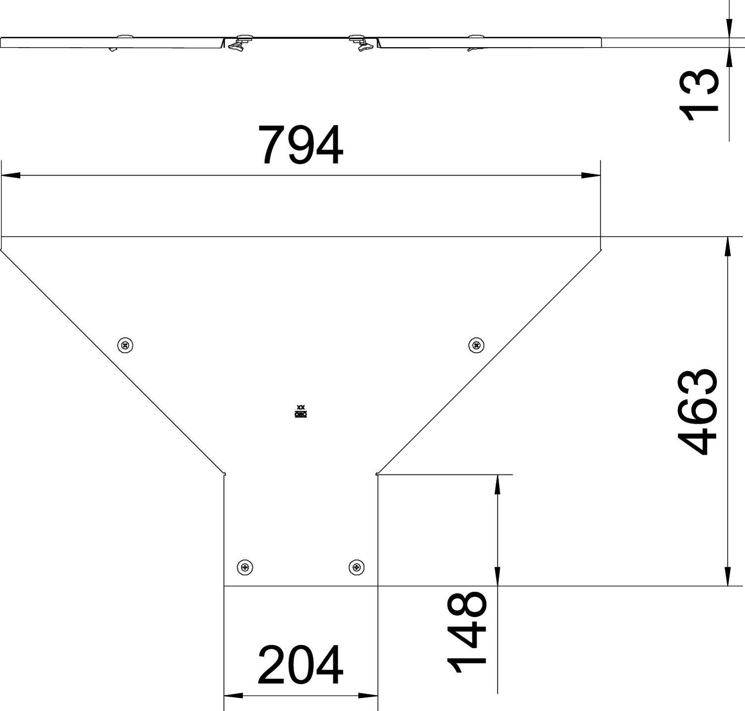Technische Zeichnung eines V-förmigen Wassersammelbehälters. Maße: Breite 794 mm, Gesamthöhe 476 mm, Höhe des V-Teils 463 mm.