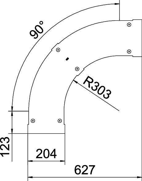 Technische Zeichnung eines 90°-Rohrbogens. Maße sind 627 mm Länge, 204 mm Breite, 123 mm Höhe, mit einem Radius von 303 mm.