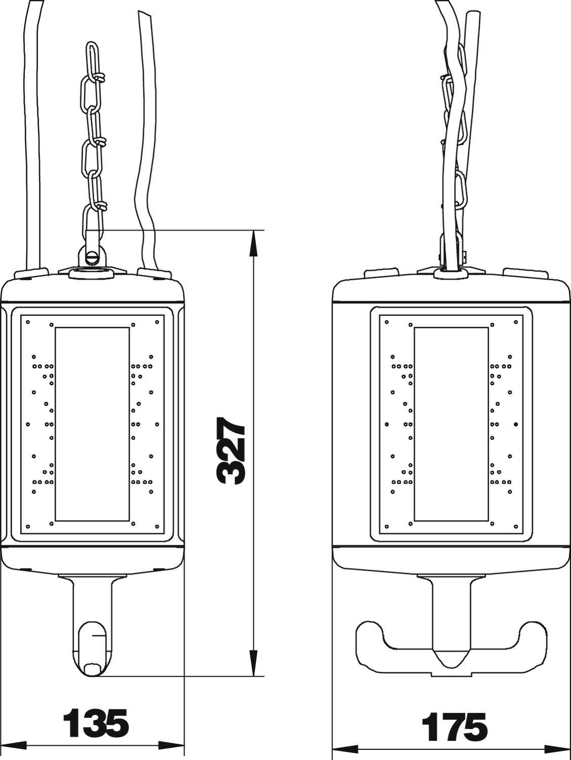 Technische Zeichnung eines rechteckigen Geräts mit den Maßen 135 und 175 mm Breite, 327 mm Höhe. Detaillierte Innenstrukturen sind sichtbar.