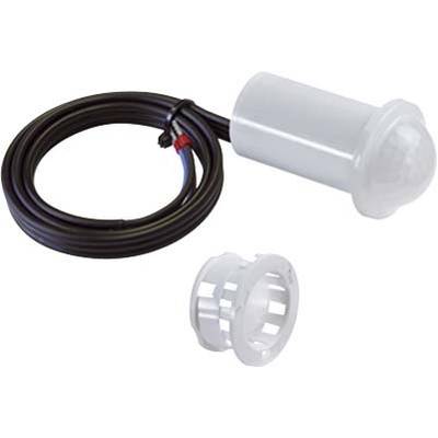 Ein Bewegungssensor mit Kabel und Halterung. Der Sensor ist weiß und zylindrisch mit einer Kuppel. Geeignet für Wandmontage.