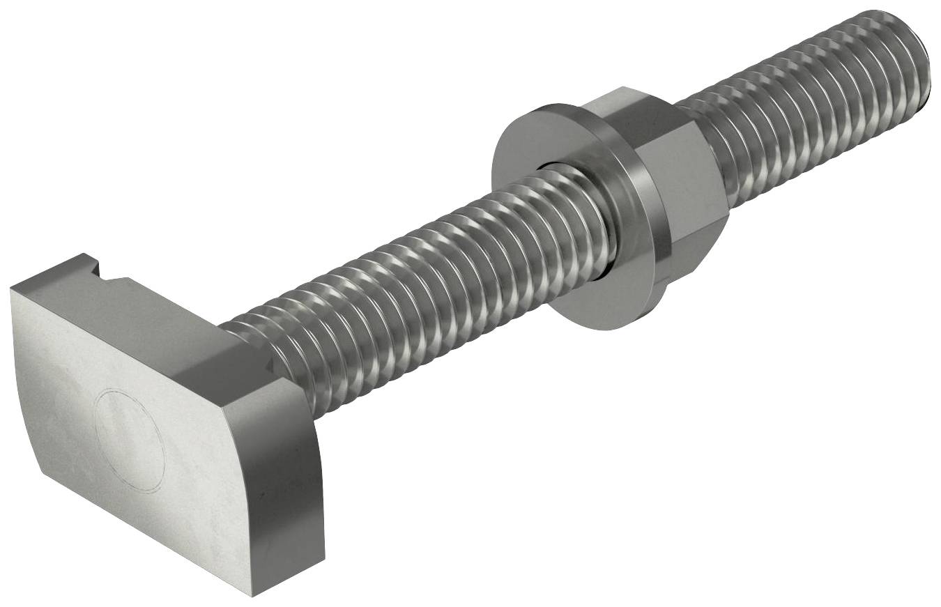 Metallschraube mit rechteckigem Kopf und Gewinde, befestigt durch eine Sechskantmutter und eine runde Unterlegscheibe.