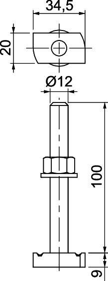 Technische Zeichnung eines Zylinderkopfschrauben-Bausatzes mit T-Nutstein: Durchmesser 12 mm, Höhe 100 mm, T-Nutstein 34,5 x 20 mm.