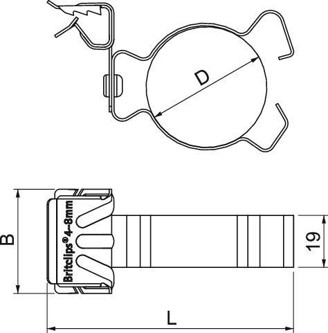 Diagramm eines Kabelclips mit Abmessungen: Breite (B), Länge (L), und Durchmesser (D). Vermerkt: 'Britclips 4-8mm'.