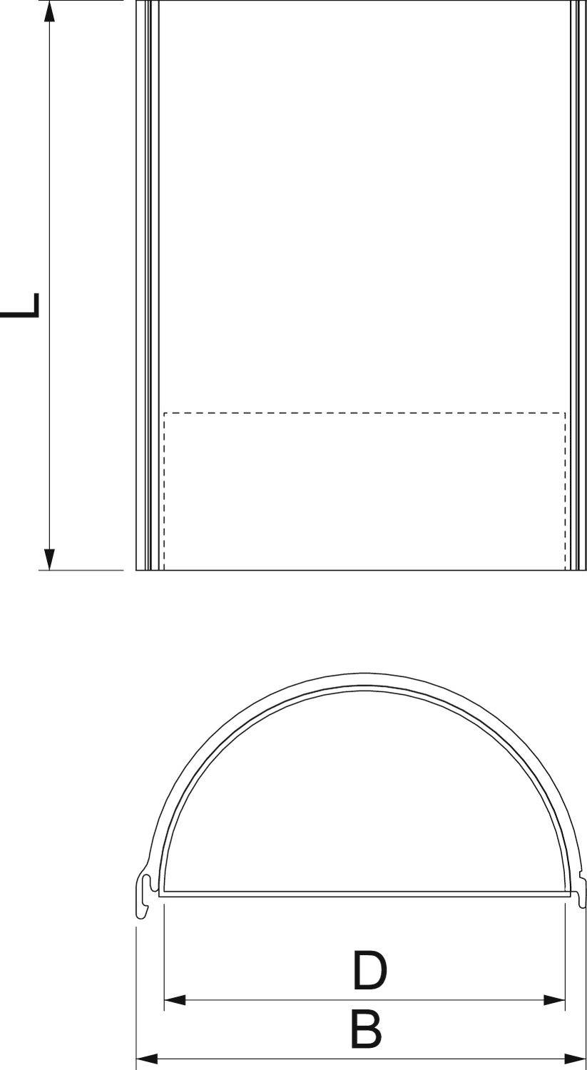 Technische Zeichnung eines zylindrischen Behälters: obere Ansicht mit Durchmesser (D) und Seitenansicht mit Breite (B) und Höhe (L).