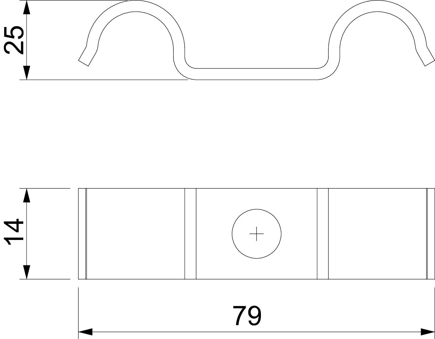 Technische Zeichnung eines Metall-Clips mit den Maßen: Breite 79 mm, Höhe 25 mm, Tiefe 14 mm. Draufsicht und Seitenansicht gezeigt.
