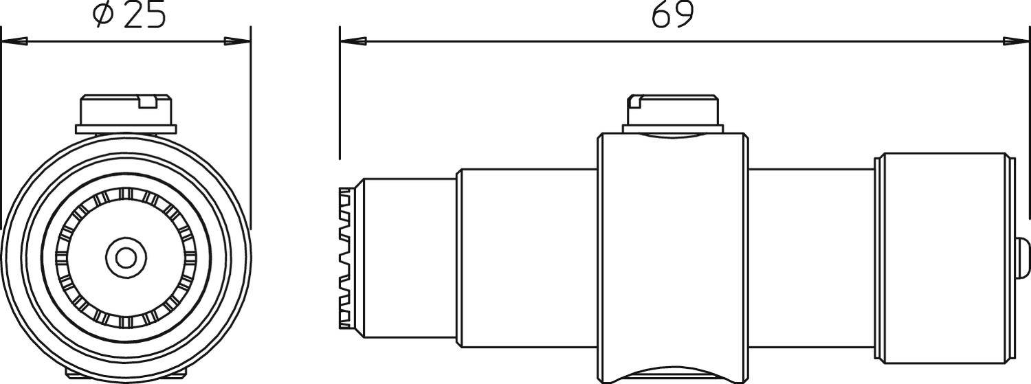 Technische Zeichnung eines zylindrischen Bauteils mit einem Durchmesser von 25 und einer Länge von 69. Ansicht von vorne und der Seite.