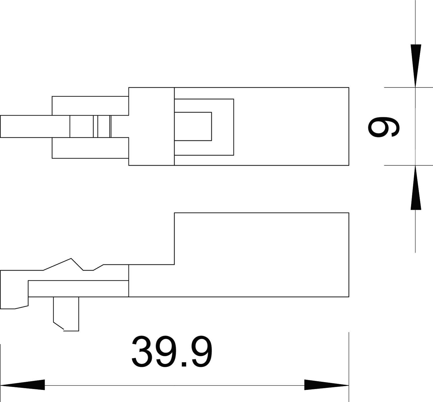 Technische Zeichnung eines Steckers, Maße: Länge 39,9 mm, Höhe 9 mm. Zeigt Seitenansicht und Draufsicht mit Abmessungen.