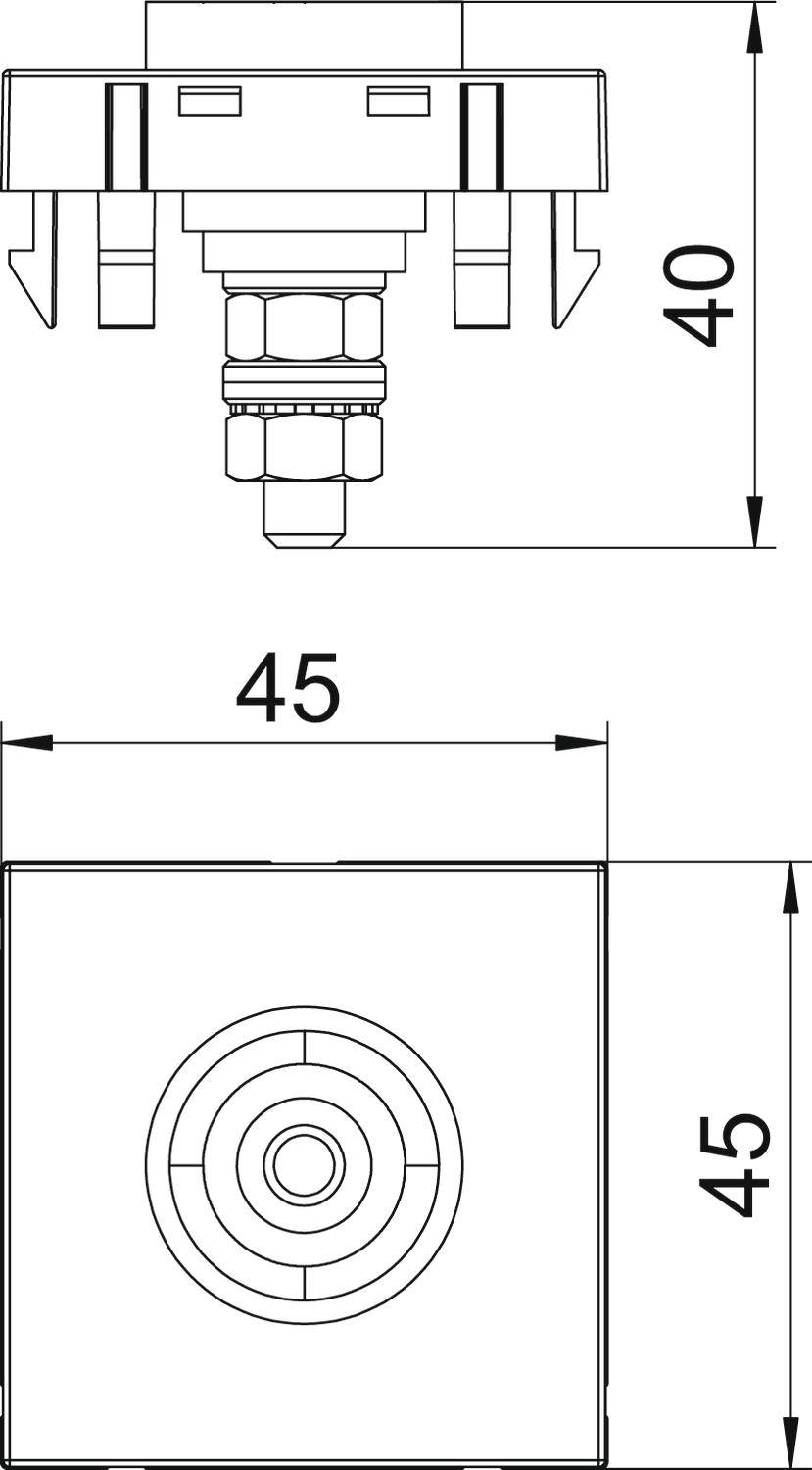 Technische Zeichnung eines quadratischen Bauteils. Maße: 45 mm x 45 mm. Höhe: 40 mm. Zeigt Draufsicht und Seitenansicht mit Anschlüssen.