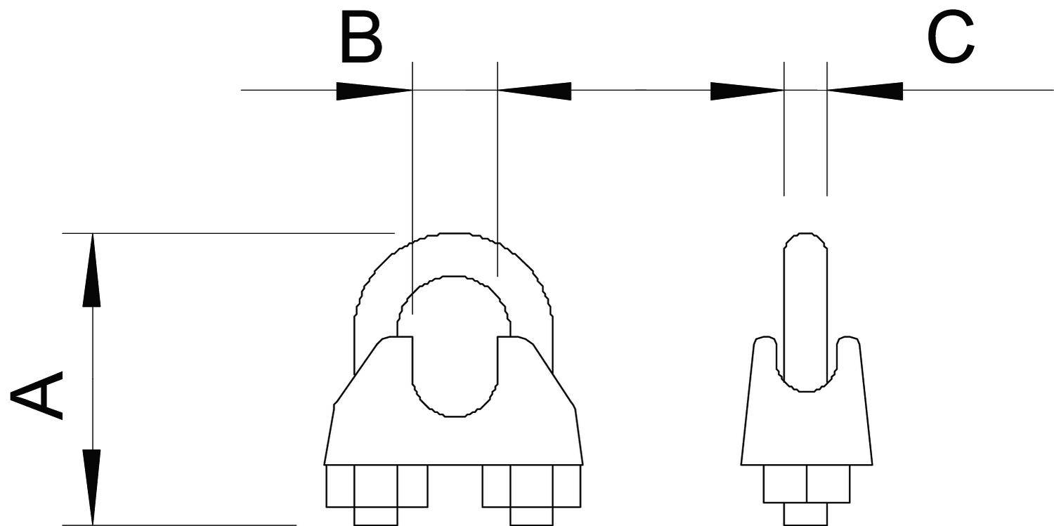 'Technische Zeichnung eines Drahtseilklemms, Maße: A, B, C markiert, Vorderansicht und Seitenansicht des Bauteils dargestellt.'