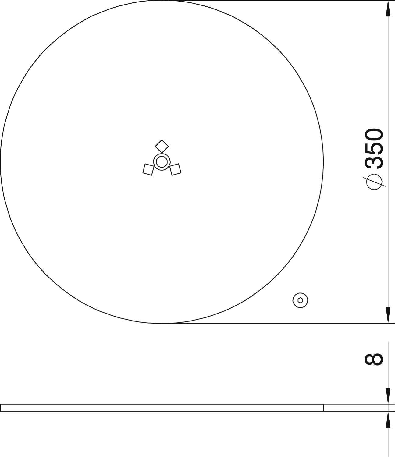Technische Zeichnung eines zylindrischen Objekts mit einem Durchmesser von 350 mm und einer Höhe von 8 mm.