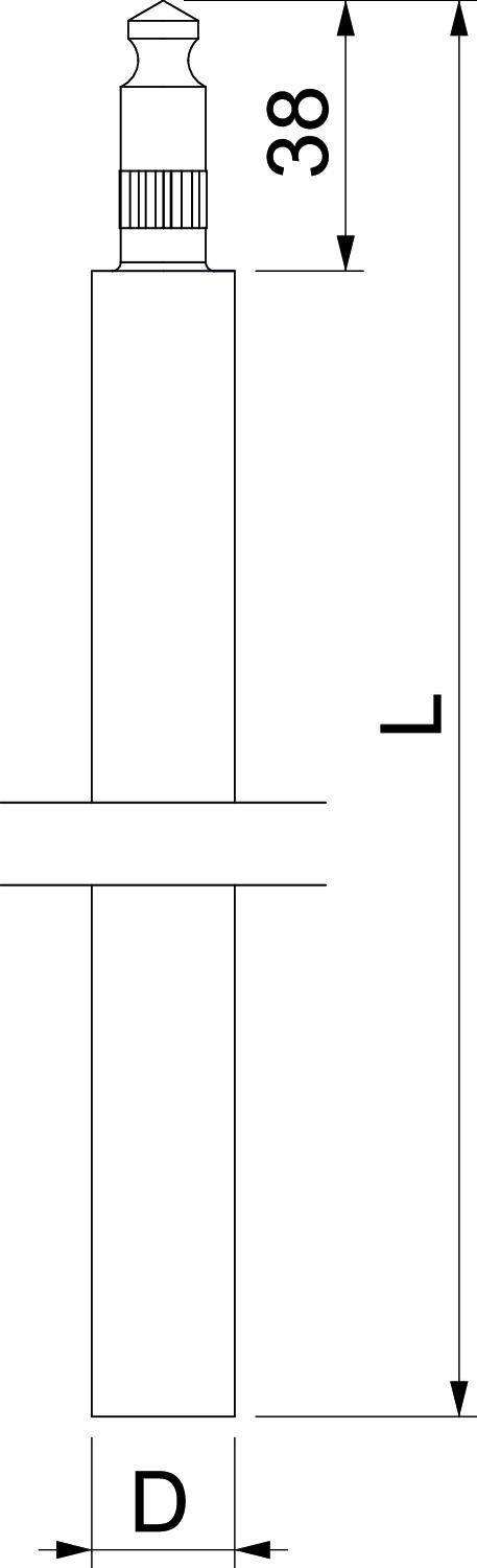 Technische Zeichnung eines länglichen Bauteils. Der Durchmesser (D) und Länge (L) sind markiert, ebenso eine obere Maßangabe von 38.