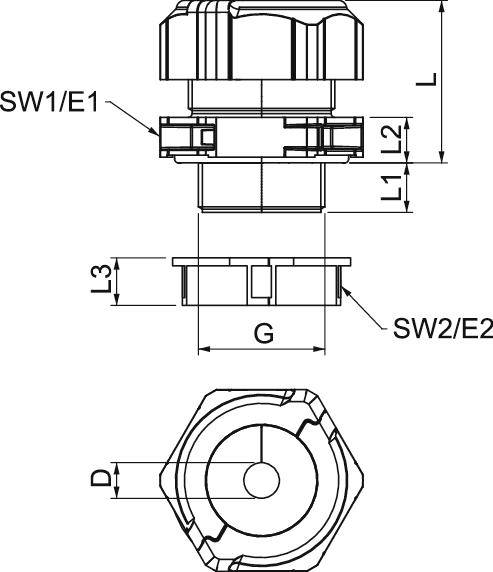 Technische Zeichnung eines Kabelverschraubungssets; zeigt Vorderansicht und Querschnitt mit Maßen: L1, L2, L3, G, D, SW1/E1, SW2/E2.