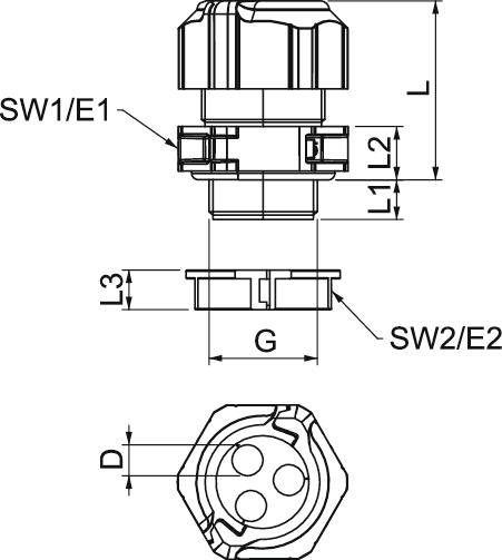 Technische Zeichnung zeigt eine Kabelverschraubung mit Maßen. Beschriftungen: SW1/E1, D, G, L, L1 und L2, und SW2/E2.