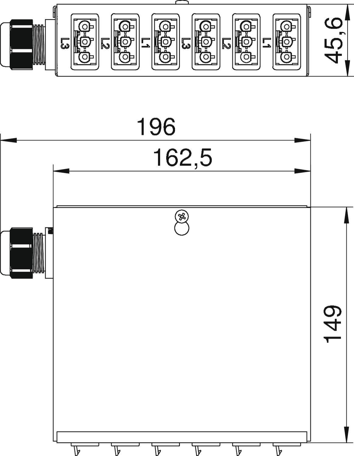 Abmessungen eines elektrischen Verteilers mit mehreren Anschlüssen. Breite: 196 mm, Höhe: 149 mm. Oben sieben nummerierte Anschlüsse sichtbar.