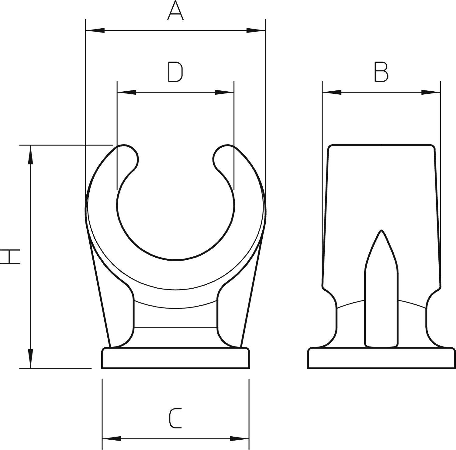 Technische Zeichnung eines Befestigungselements mit Maßen: Höhe (H), Breite (B), Tiefe (C), Innendurchmesser (D) und Abstand (A).