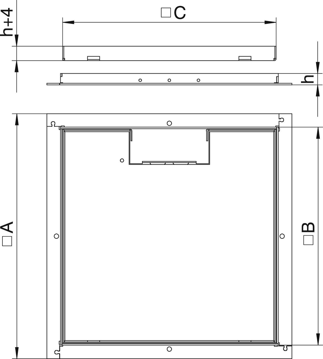 Technische Zeichnung eines rechteckigen Rahmens mit den Abmessungen A, B, C und h+4. Zeigt Ansicht von oben und der Seite.